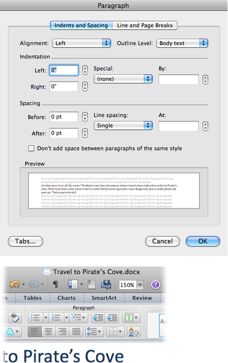 paragraph window remains in upper left in word for mac 2011